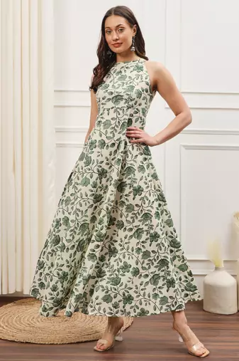 Off white and green floral printed sleeveless flared ankle length dress