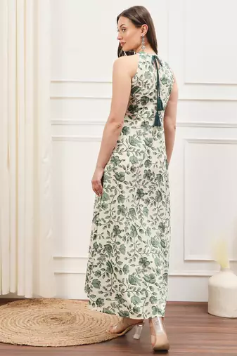 Off white and green floral printed sleeveless flared ankle length dress
