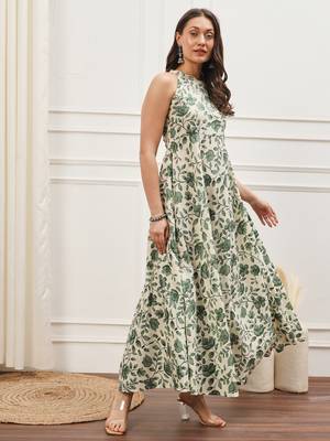 Off white and green floral printed sleeveless flared ankle length dress 5