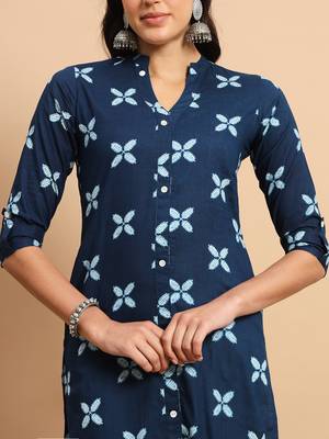Indigo floral printed three quarter sleeves calf length formal straight kurta 2
