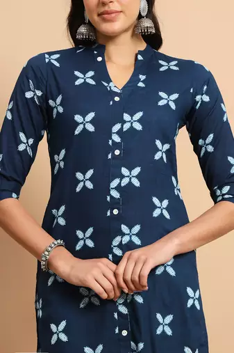 Indigo floral printed three quarter sleeves calf length formal straight kurta