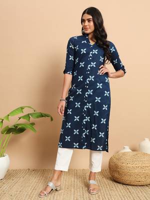 Indigo floral printed three quarter sleeves calf length formal straight kurta 3