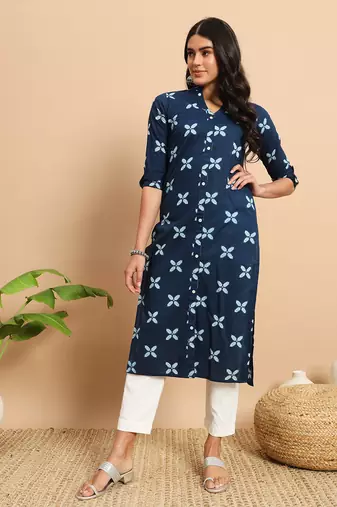 Indigo floral printed three quarter sleeves calf length formal straight kurta