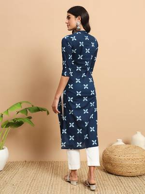Indigo floral printed three quarter sleeves calf length formal straight kurta 4