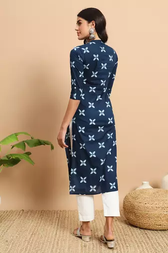 Indigo floral printed three quarter sleeves calf length formal straight kurta