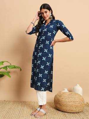 Indigo floral printed three quarter sleeves calf length formal straight kurta 5