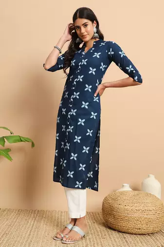 Indigo floral printed three quarter sleeves calf length formal straight kurta