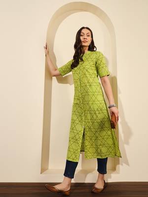 Lime green abstract printed lurex collared calf length straight kurta 1