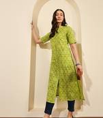 Lime green abstract printed lurex collared calf length straight kurta