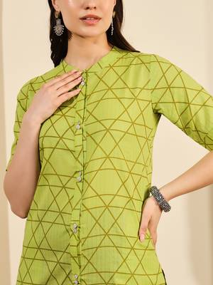 Lime green abstract printed lurex collared calf length straight kurta 2
