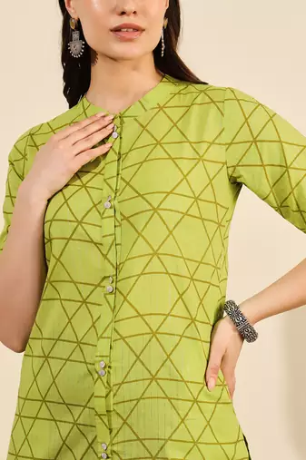 Lime green abstract printed lurex collared calf length straight kurta