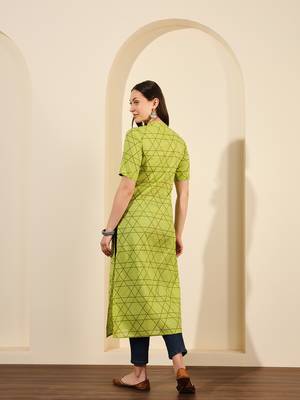 Lime green abstract printed lurex collared calf length straight kurta 3