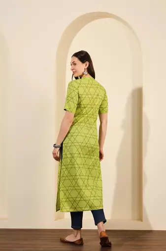 Lime green abstract printed lurex collared calf length straight kurta