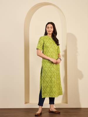 Lime green abstract printed lurex collared calf length straight kurta 4