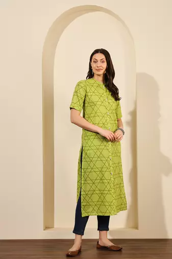 Lime green abstract printed lurex collared calf length straight kurta