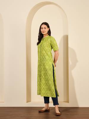 Lime green abstract printed lurex collared calf length straight kurta 5