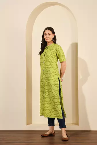 Lime green abstract printed lurex collared calf length straight kurta