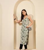Lime green abstract printed lurex spaghetti calf length straight kurta