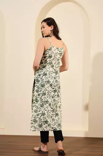 Lime green abstract printed lurex spaghetti calf length straight kurta