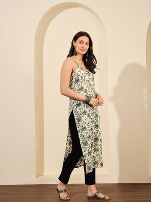 Lime green abstract printed lurex spaghetti calf length straight kurta 4