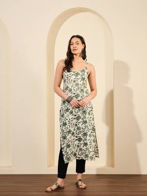 Lime green abstract printed lurex spaghetti calf length straight kurta 5