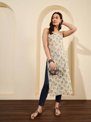 Off white green and blue floral printed spaghetti calf length straight kurta 2