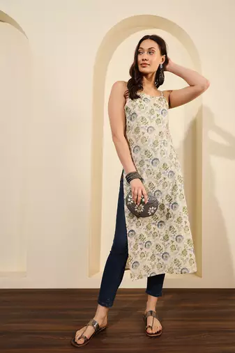 Off white green and blue floral printed spaghetti calf length straight kurta
