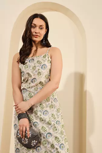 Off white green and blue floral printed spaghetti calf length straight kurta