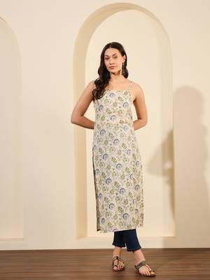 Off white green and blue floral printed spaghetti calf length straight kurta 4