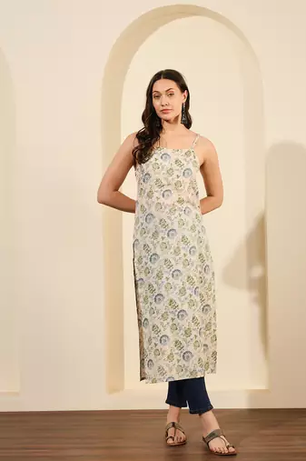 Off white green and blue floral printed spaghetti calf length straight kurta