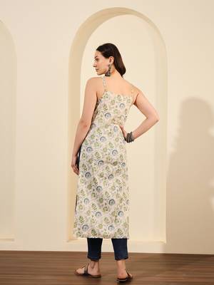 Off white green and blue floral printed spaghetti calf length straight kurta 5