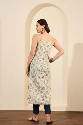 Off white green and blue floral printed spaghetti calf length straight kurta