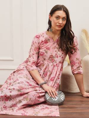 Pink floral printed three quarter sleeves gathered high slit calf length kurta 1
