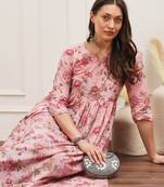 Pink floral printed three quarter sleeves gathered high slit calf length kurta