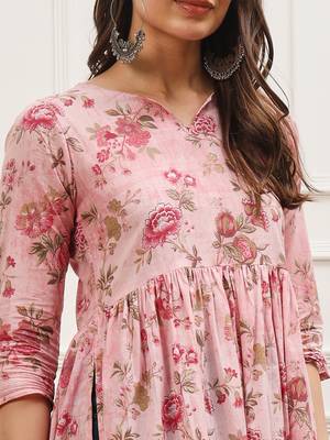 Pink floral printed three quarter sleeves gathered high slit calf length kurta 2