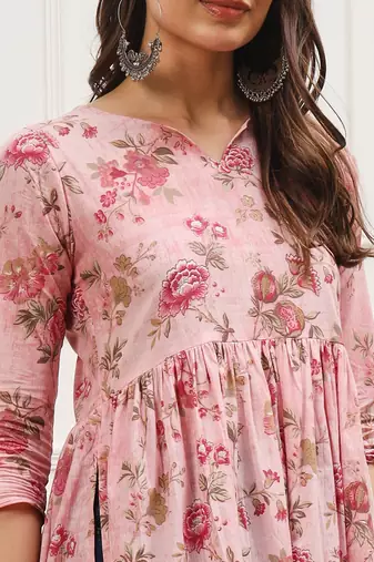 Pink floral printed three quarter sleeves gathered high slit calf length kurta