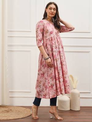 Pink floral printed three quarter sleeves gathered high slit calf length kurta 3