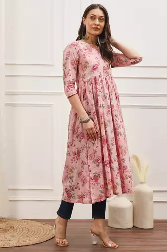 Pink floral printed three quarter sleeves gathered high slit calf length kurta
