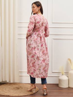 Pink floral printed three quarter sleeves gathered high slit calf length kurta 4