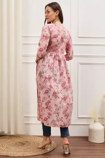 Pink floral printed three quarter sleeves gathered high slit calf length kurta