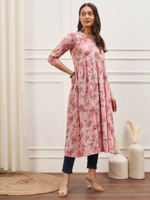 Pink floral printed three quarter sleeves gathered high slit calf length kurta 5