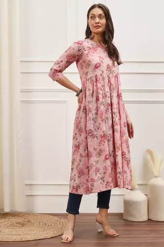 Pink floral printed three quarter sleeves gathered high slit calf length kurta