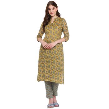 mustard cottonprinted kurta with pant 1