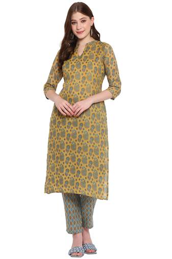mustard cottonprinted kurta with pant