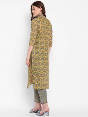mustard cottonprinted kurta with pant 2