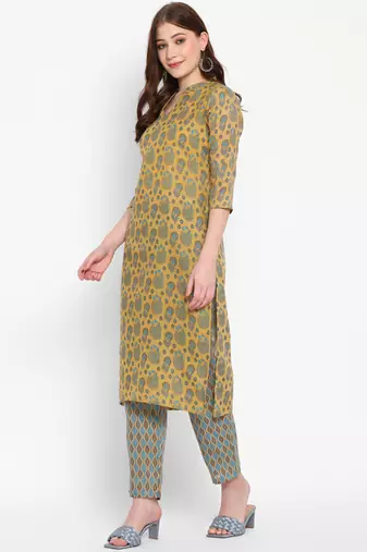 mustard cottonprinted kurta with pant