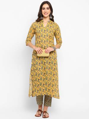 yellow cottonprinted kurta with pant 1