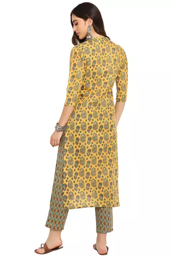 yellow cottonprinted kurta with pant