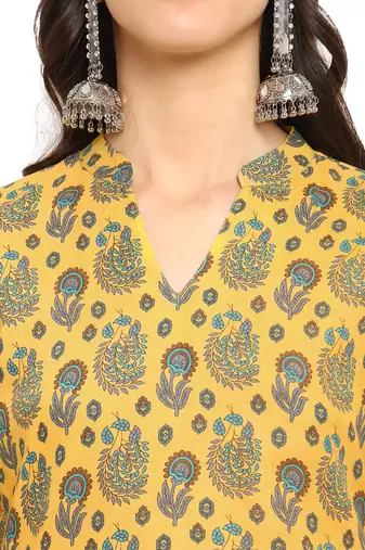 yellow cottonprinted kurta with pant