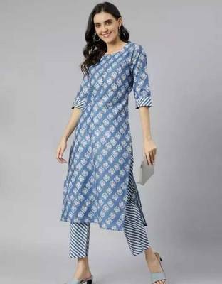 blue cottonprinted kurta with pant 1